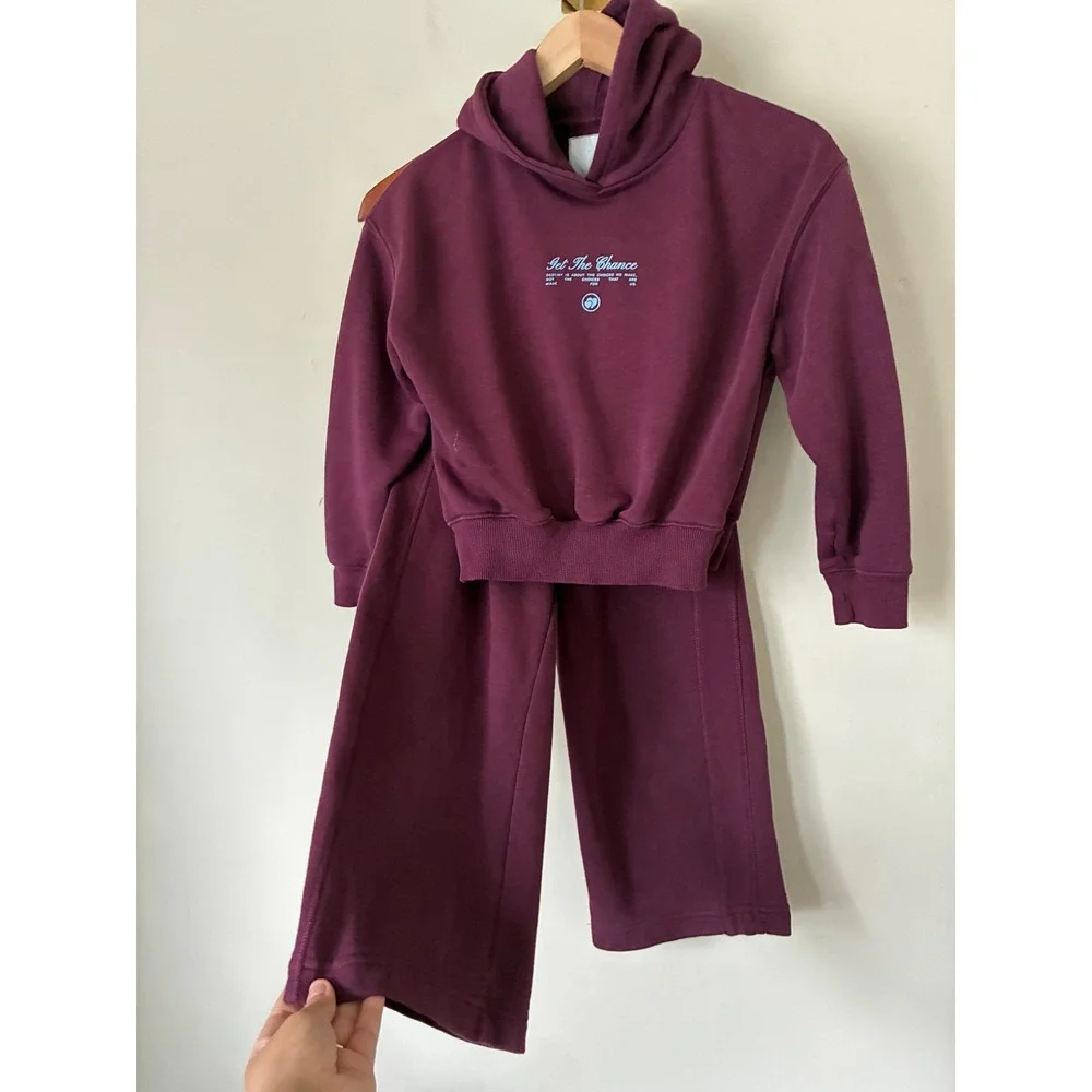 Zara Kids Burgundy Get The Chance Hoodie and Wide Leg Sweatpants Set Size 8-9Y